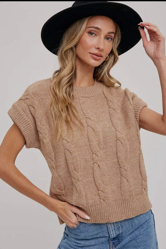 Latte cable knit short sleeved sweater