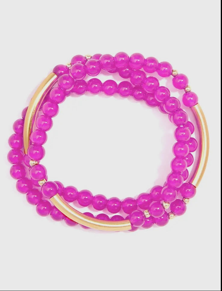 Hot Pink Glossy & Gold Beaded Wrap Bracelet