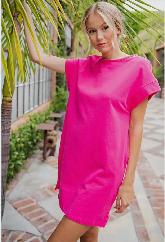 Fuchsia Solid Cotton Tshirt Midi Dress