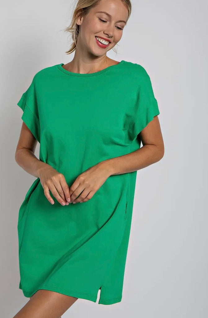 Kelly Green Solid Cotton T-shirt Midi Dress