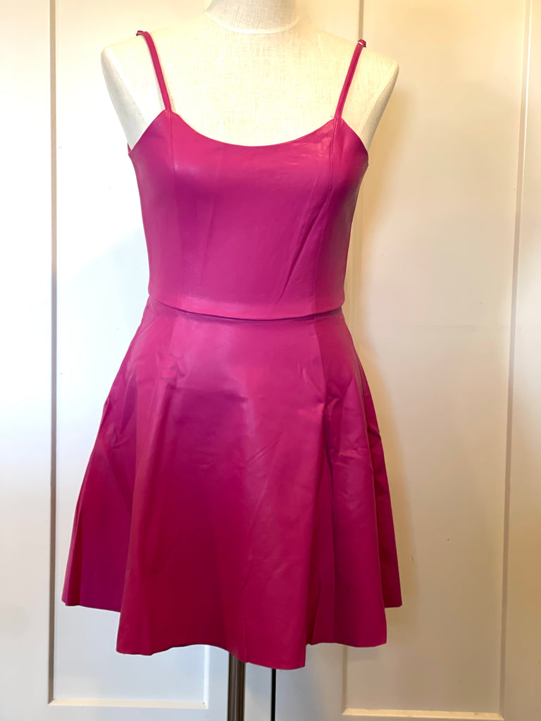 Scoop Neck Mini Dress in Hot Pink Vegan Leather