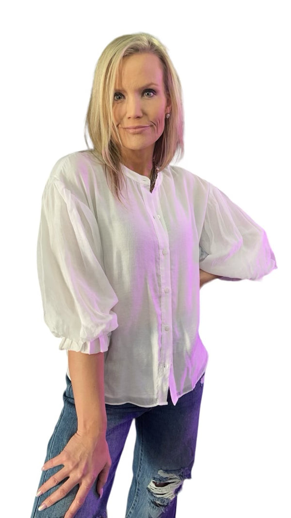 Puff Sleeve Button Down Shirt in White