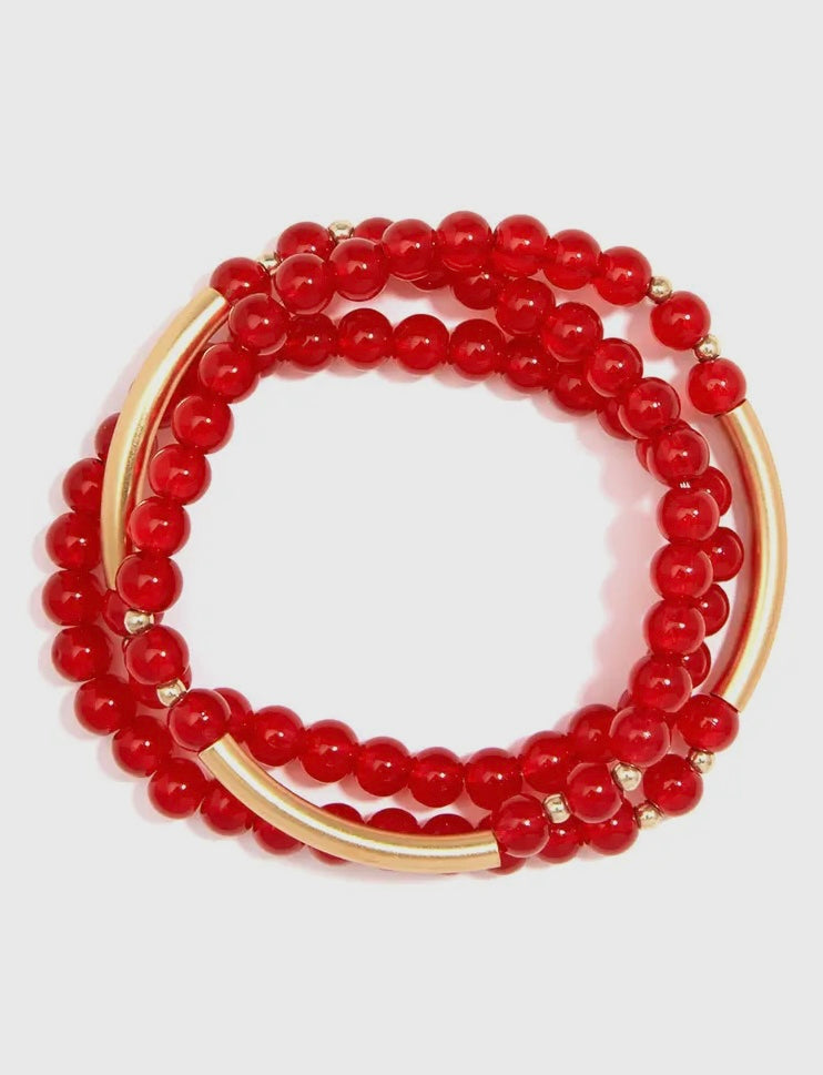 Red Glossy & Gold Beaded Wrap Bracelet