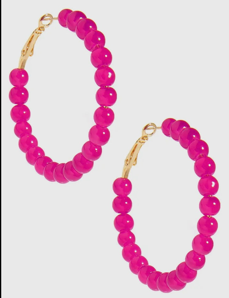 Hot Pink Glass Bead Hoop Earring