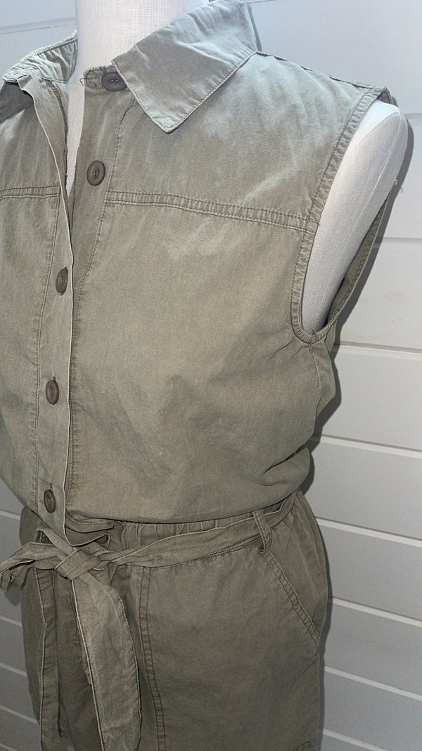 Olive Green Sleeveless button up waist belt vintage washed out romper