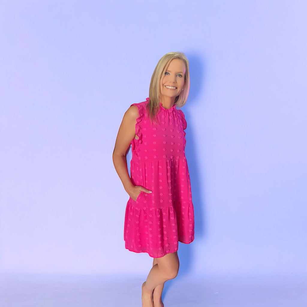 Hot Pink Flutter Sleeve textured dress