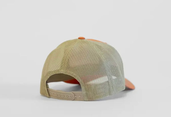 Orange/khaki Ride bikes be happy trucker hat