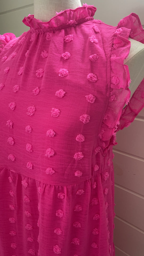 Hot Pink Flutter Sleeve textured dress