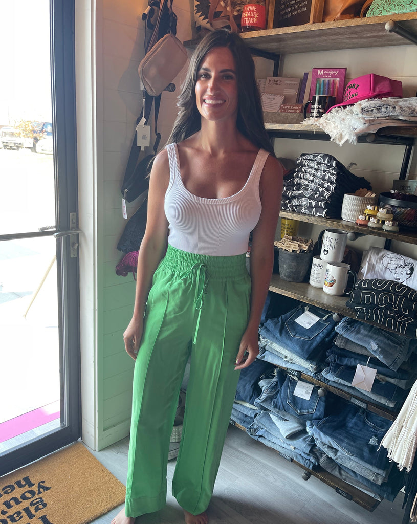 High Waisted Pintuck Pull over pants-Apple Green