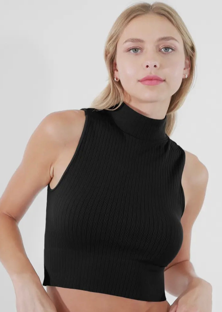 Black Ribbed Mock Neck Crop Top