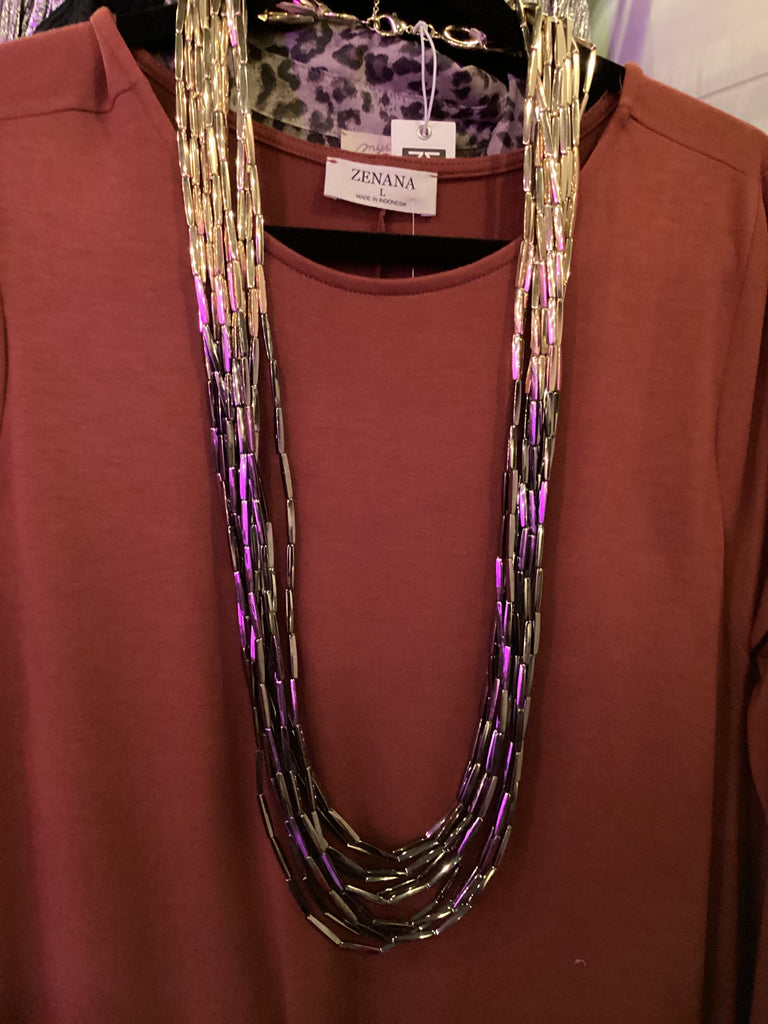 Two-tone Reflective Long metal necklace- Gold/hematite