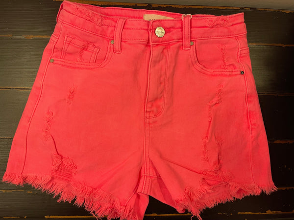 Coral High Rise Coral Distressed Detail Shorts