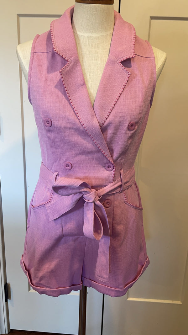 Blanket-stitch Double Breasted Romper in Taro