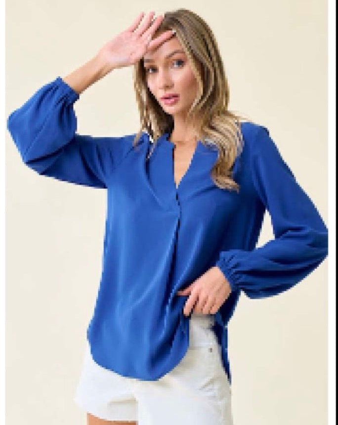 Cobalt Blue Long Sleeve v neck blouse w/elastic cuff – Simply Stella Rose