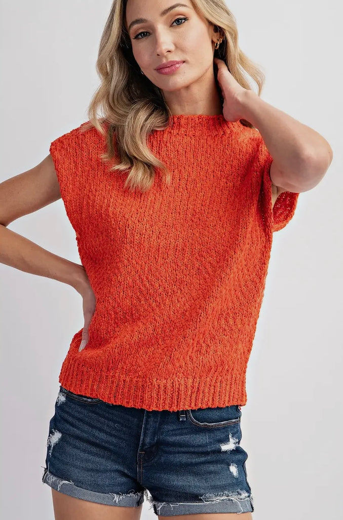 Orange Mock Neck Drop Shoulder Short Sleeve Sweater