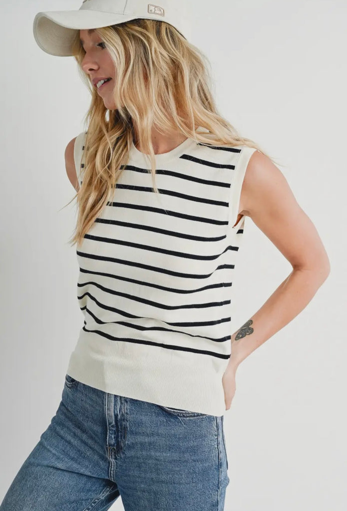 Black striped muscle knit sleeveless top