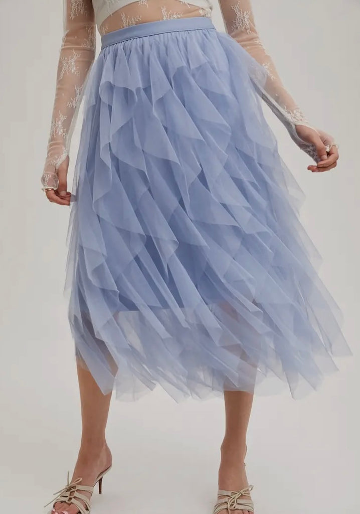 French Blue Spiral Ruffled Tulle Midi Skirt