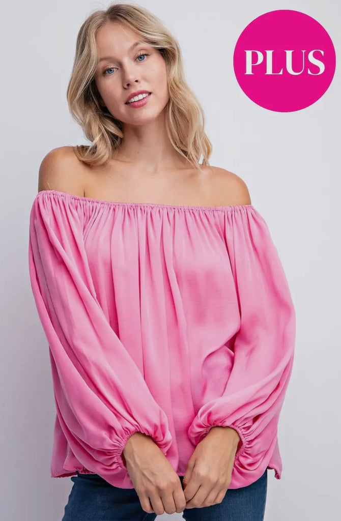 CURVY Hot Pink Peasant Sleeve Ruffled Loose Top