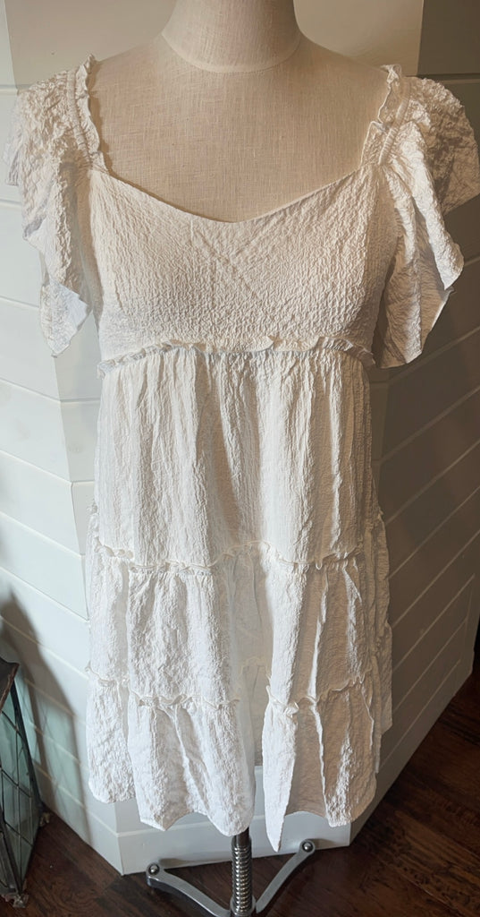 Off White Textured Woven Short Dress