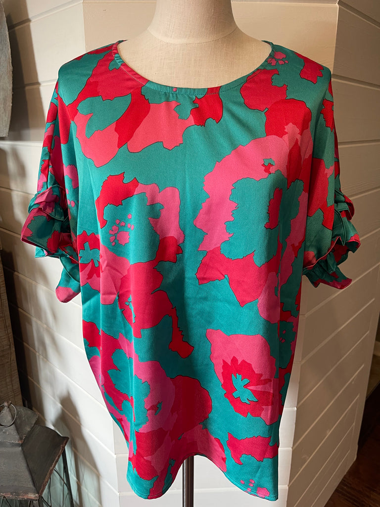 CURVY Jade Abstract Floral Satin Blouse